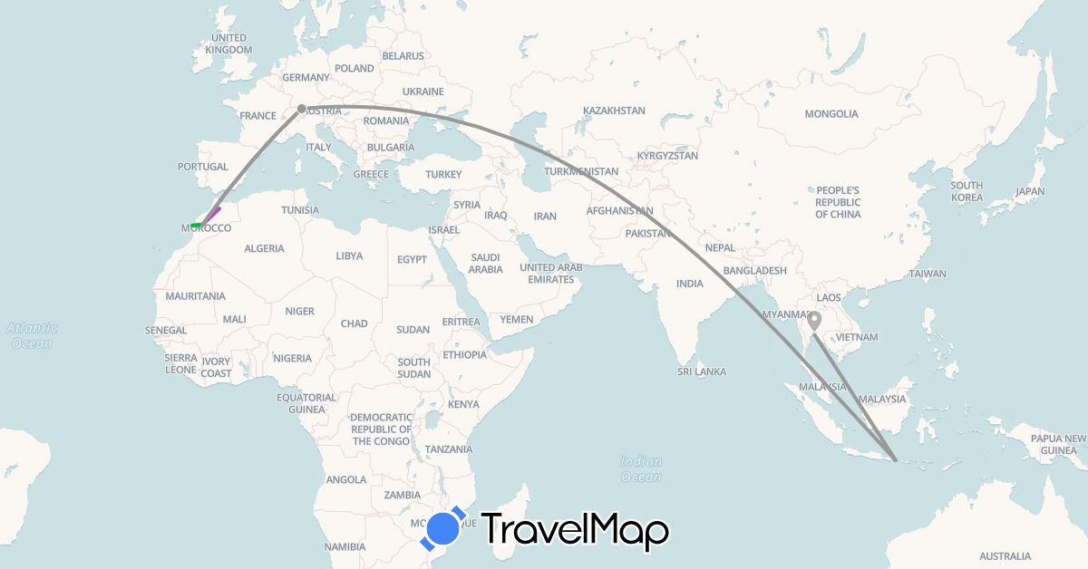 TravelMap itinerary: driving, bus, plane, train in Austria, Indonesia, Morocco, Thailand (Africa, Asia, Europe)